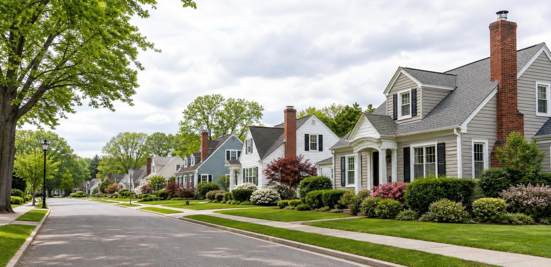 A quiet suburban residential street lined with detached houses and manicured lawns.