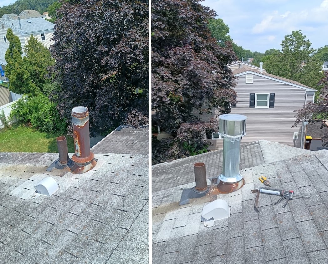 Split-view rooftop chimney vent before and after replacement, with shingles and nearby trees and houses.