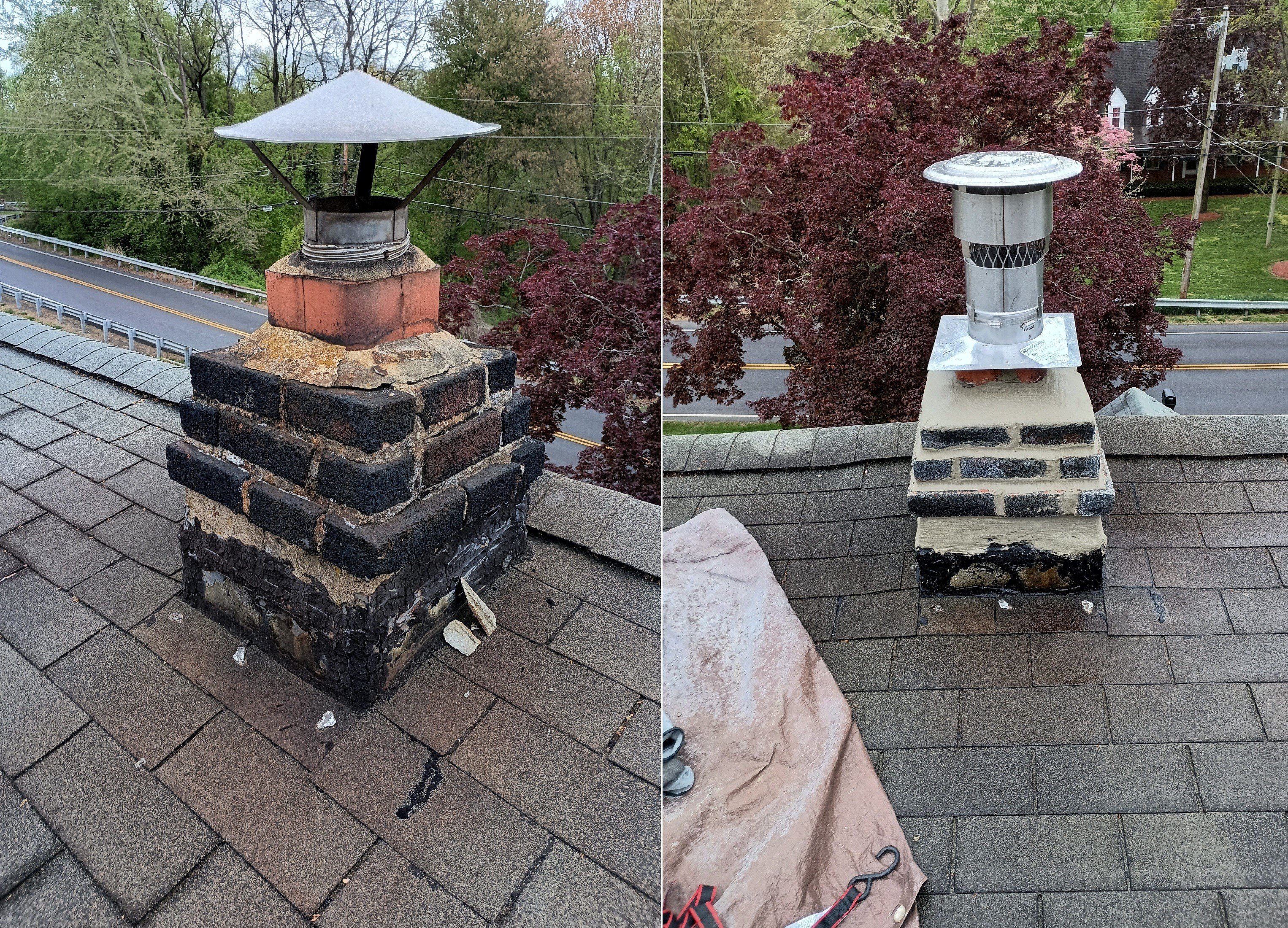 Side-by-side view of a damaged and repaired roof chimney cap on a shingled rooftop