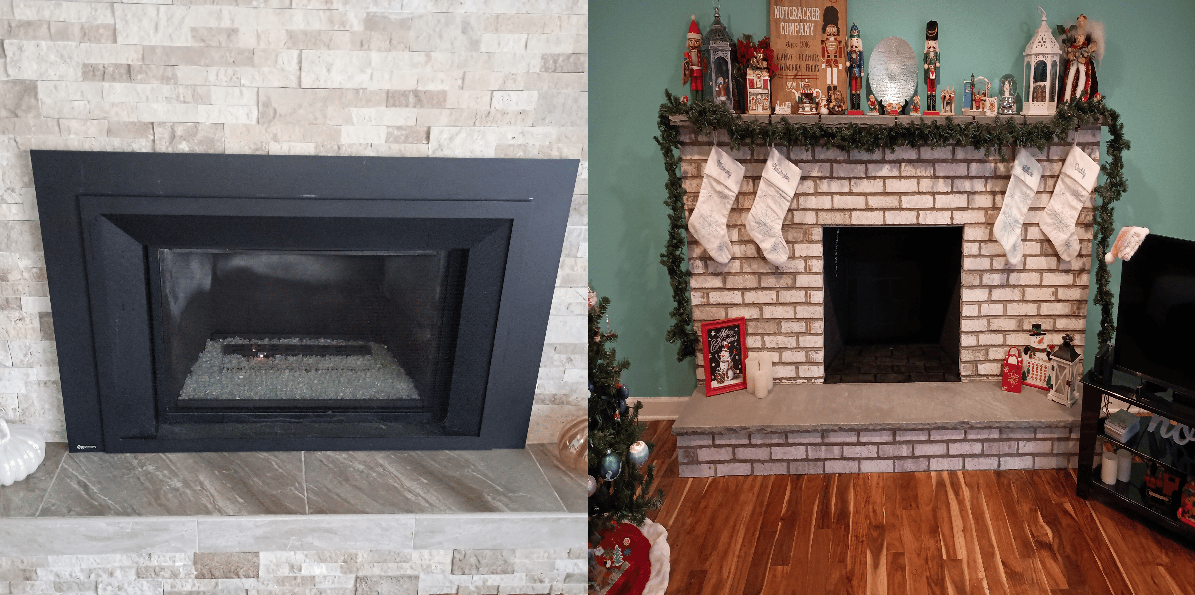 Two side-by-side photos of a fireplace. On the right, is the "before" with traditional red-style brick. On the left, you have a modern fireplace. 