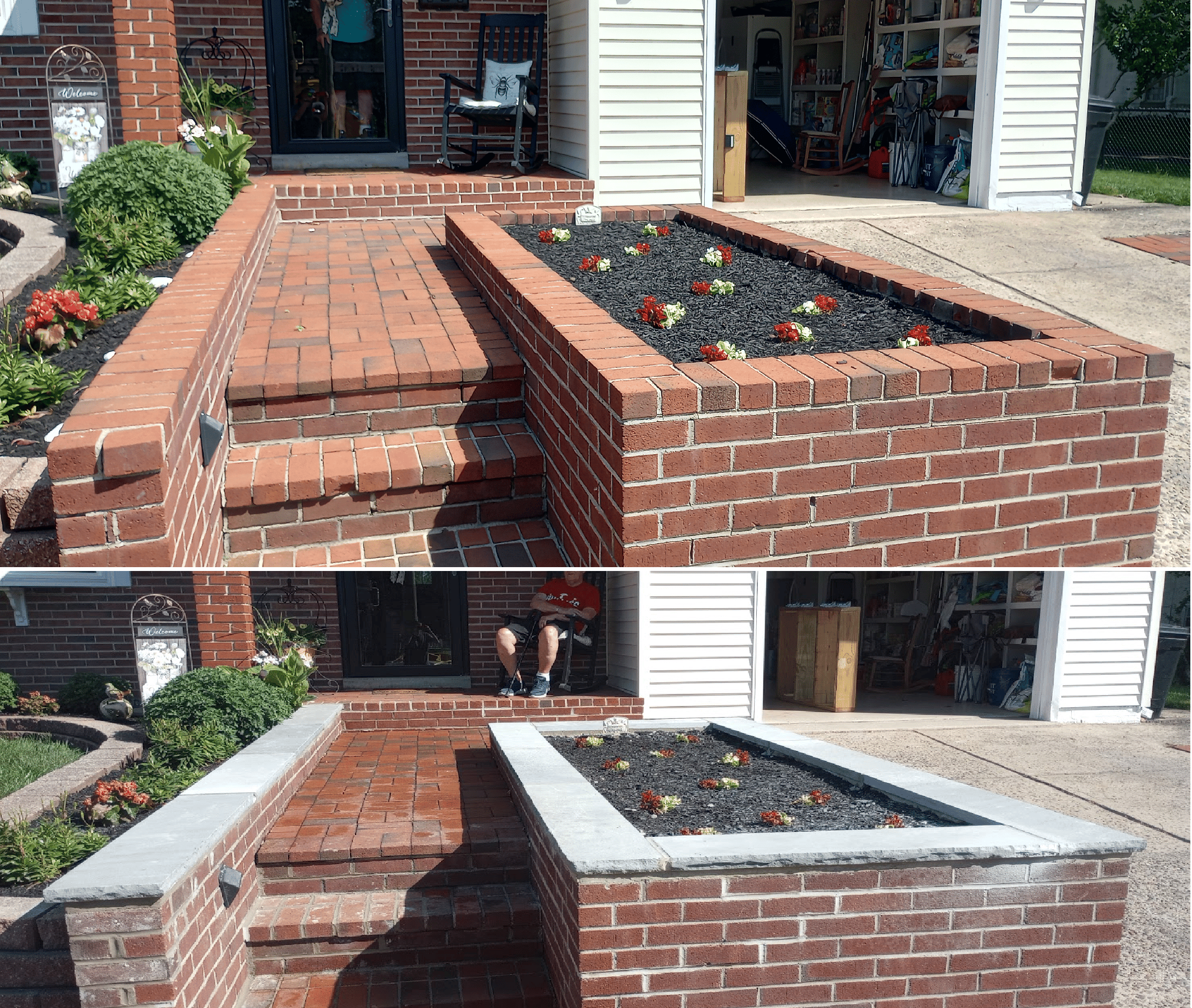 Before-and-after view of a brick front walkway and planter beds beside a garage and porch
