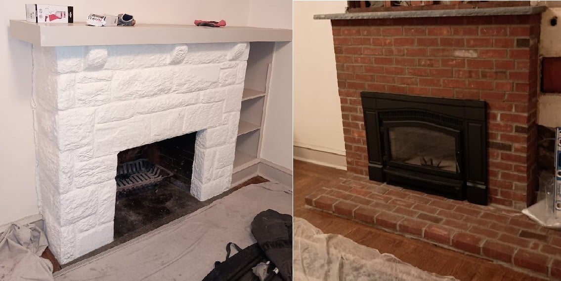 Side-by-side fireplace makeover: left, a white painted stone fireplace; right, a red brick fireplace with black insert.