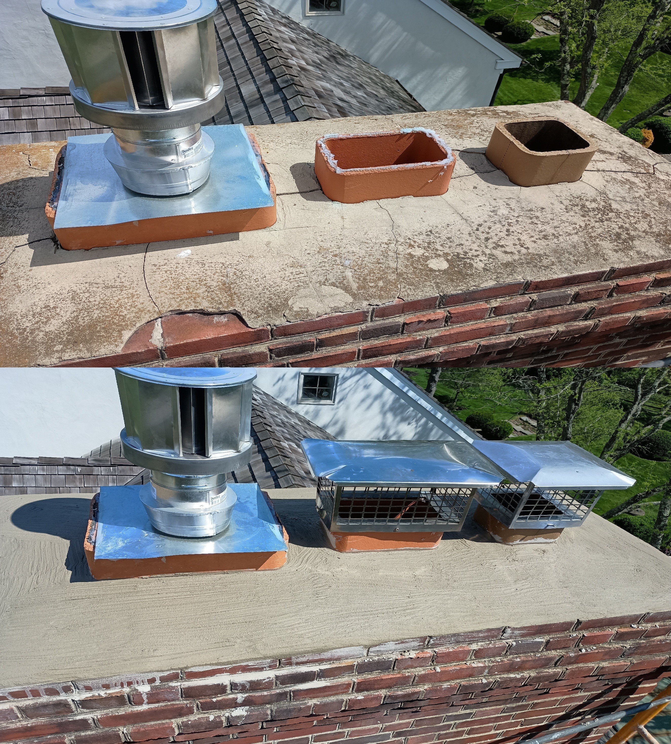 Split photo of a brick chimney top showing a metal flue and two capped vent openings on a rooftop.