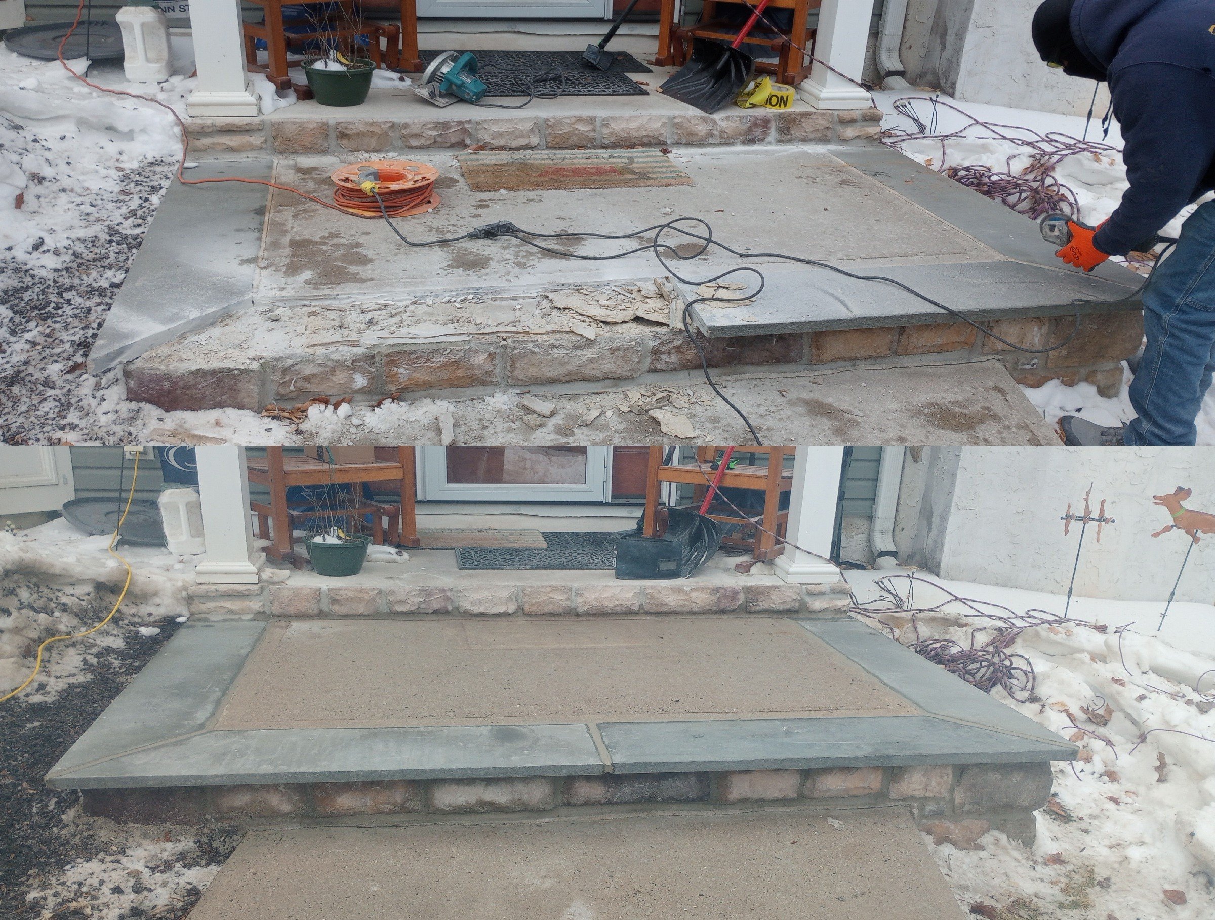 Split image of a snowy front porch before and after stone step repair; worker grinding concrete in top half.
