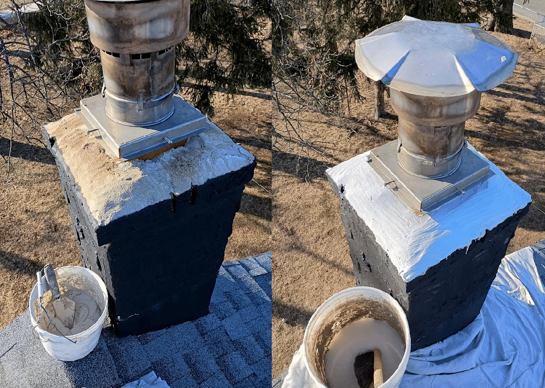 Before-and-after view of a rooftop chimney base being coated and painted white