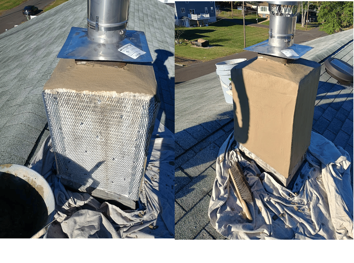 Side-by-side roof photos of a metal chimney chase before and after stucco repair on a shingled roof.