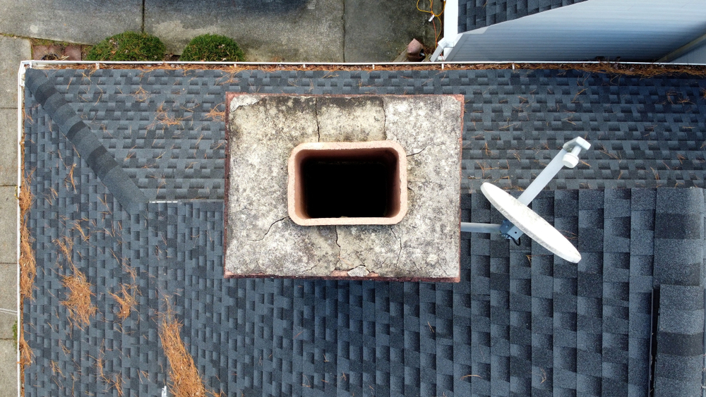 A top down view of a residential chimney